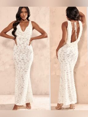 PrettyLittleThing Ivory Textured Open Back Maxi Dress S 4 Wedding Guest Sexy